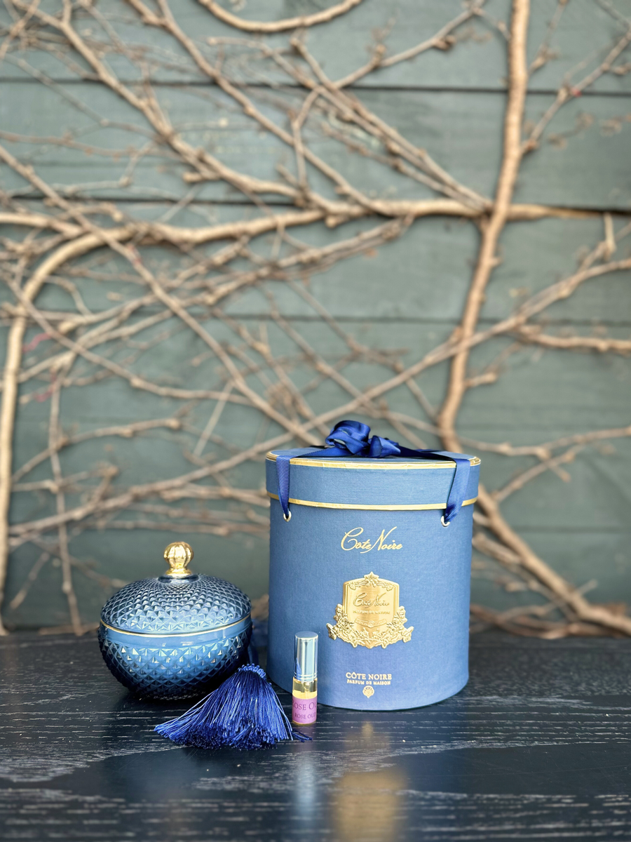 Côte Noire Round Art Deco Candle - Navy Hatbox-Local NZ Florist -The Wild Rose | Nationwide delivery, Free for orders over $100 | Flower Delivery Auckland