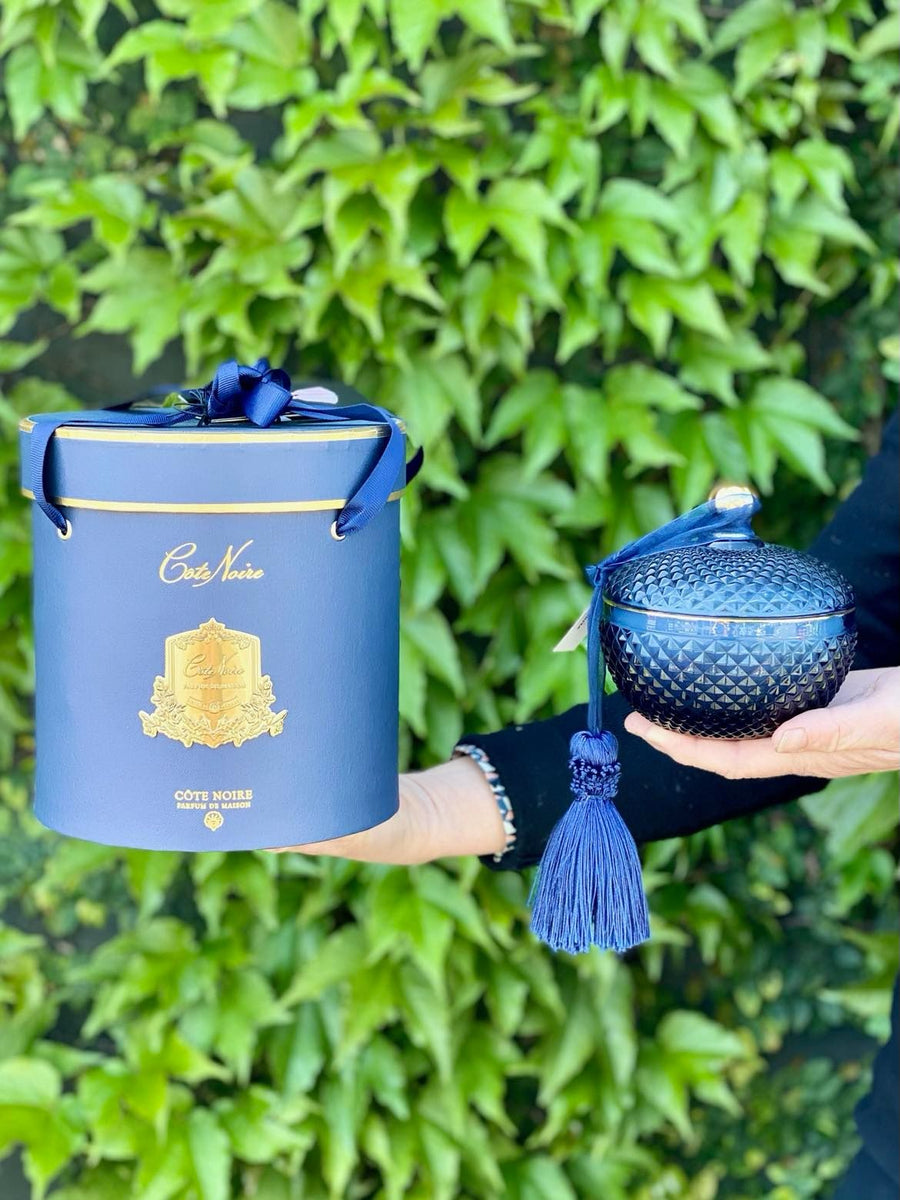 Côte Noire Round Art Deco Candle - Navy Hatbox-Local NZ Florist -The Wild Rose | Nationwide delivery, Free for orders over $100 | Flower Delivery Auckland