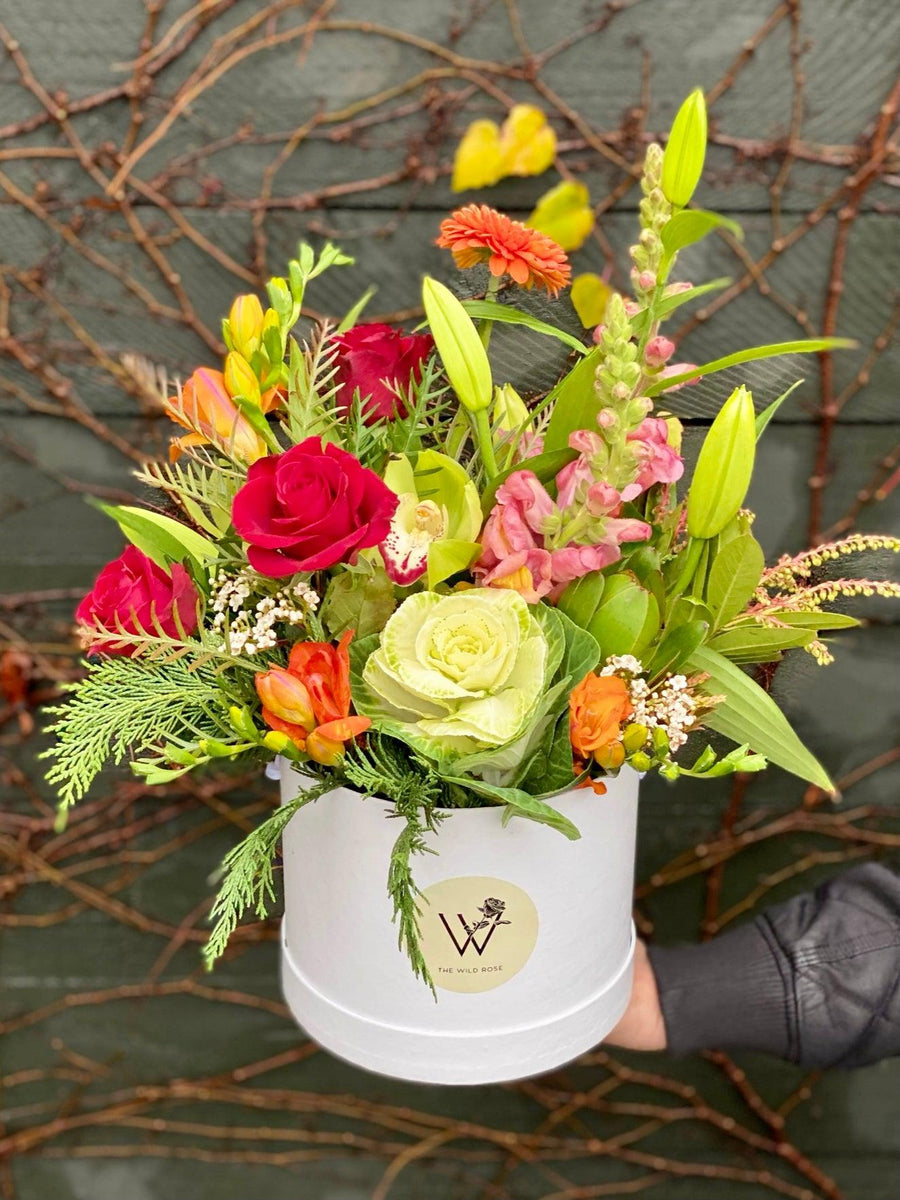 Bright Hat Box-Local NZ Florist -The Wild Rose | Nationwide delivery, Free for orders over $100 | Flower Delivery Auckland