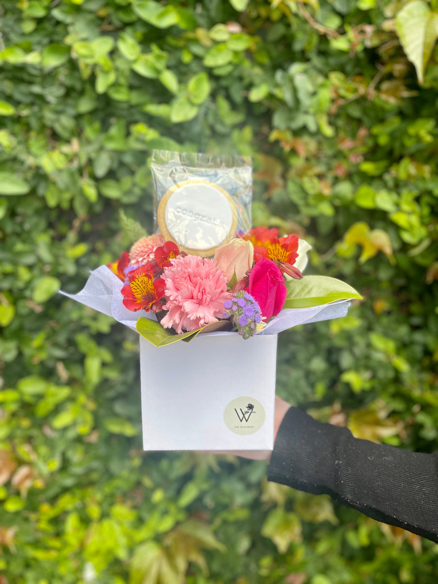 Congrats Mini Posies With Cookie-Local NZ Florist -The Wild Rose | Nationwide delivery, Free for orders over $100 | Flower Delivery Auckland
