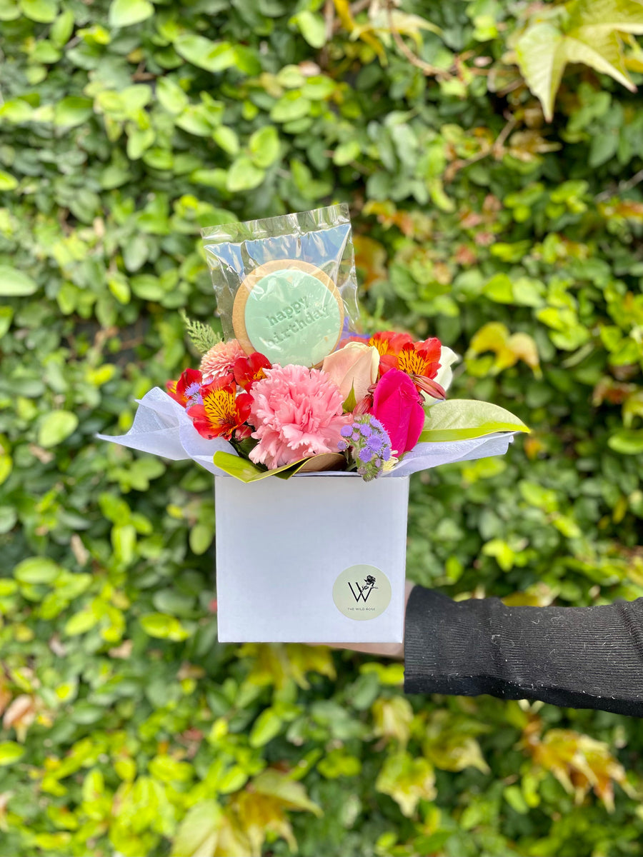 Happy Birthday Mini Posies With Cookie-Local NZ Florist -The Wild Rose | Nationwide delivery, Free for orders over $100 | Flower Delivery Auckland